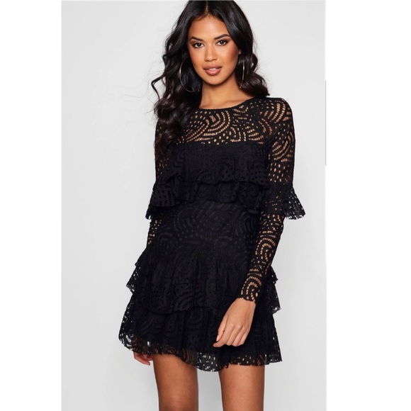 knee length dresses for ladies Rent Boohoo Blush High Neck Flared Sleeve Lace Skater Dress